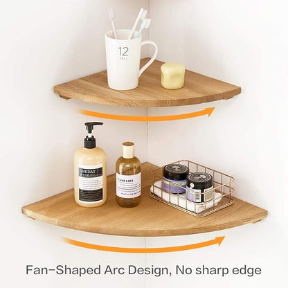 Corner Shelves Wall Mount, 7inch Oak Wood Floating Corner Shelves Set of 2 Round End Small Plant Shelf Wall Mount for Kitchen, Living Room, Bedroom