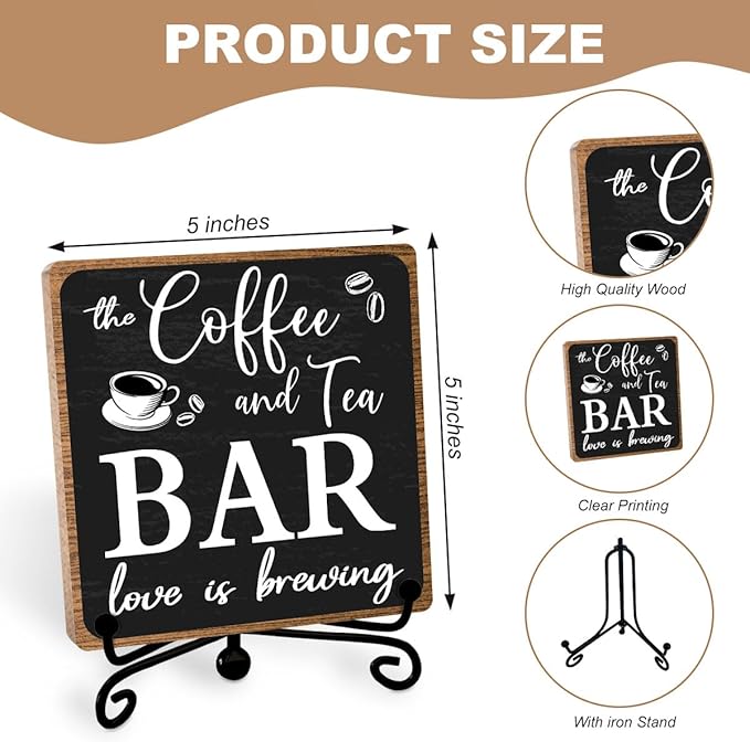 Toerifer Coffee Bar Decor, Funny Coffee Sign, Wooden Table Display, 5x5 Inches, Black, Rustic