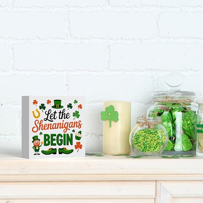 St Patricks Day Decor Let the Shenanigans Begin Rustic Shamrock Wood Sign Home Tabletop Shelf Desk Decor May Your Pockets Be Heavy St Patricks Day Decorations 5 X 5 Inches