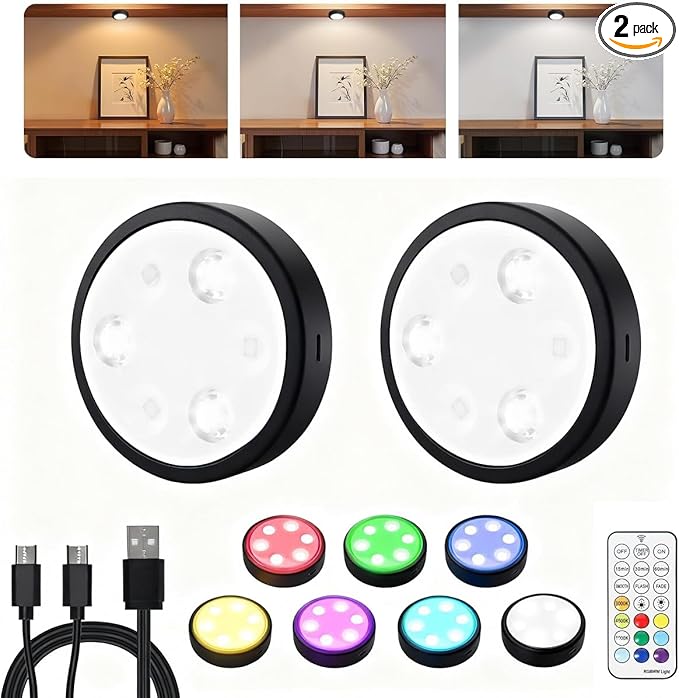 HOLKPOILOT Puck Lights with Remote, 2000mAh Battery Operated Rechargeable Under Cabinet Lighting, 3 Color Temps & 7 RGB Colors, Magnetic Closet Light, Black Wireless Puck Light for Kitchen, Shelf.