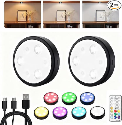 HOLKPOILOT Puck Lights with Remote, 2000mAh Battery Operated Rechargeable Under Cabinet Lighting, 3 Color Temps & 7 RGB Colors, Magnetic Closet Light, Black Wireless Puck Light for Kitchen, Shelf.