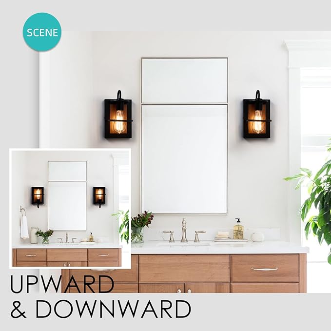 Farmhouse Wall Sconces Lamp Set of Two,Modern Industrial Wall Sconces Lighting Indoor with E26 Base Faux-Wood Color Matte Black Finish,Vintage Wall Mount Light Fixture for Bedroom Living Room Stairway