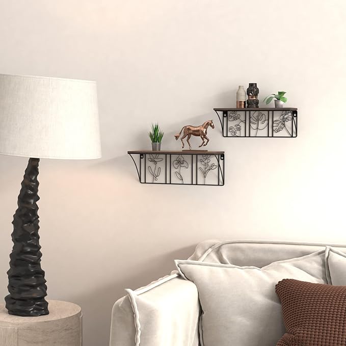 QUTREY Plant Wall Art Floating Shelves Set of 2, Minimalist Metal Abstract Decor Rustic Wooden Shelf for Living Room, Bedroom, Bathroom