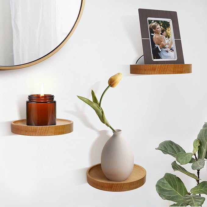 AceList 3-Pack Round Floating Shelves for Wall Decor, 6'' Diameter Beech Wood Floating Shelf, Cup Plant Wall Shelves for Bedroom, Bedroom, Living Room, Bathroom, Kitchen