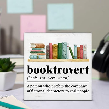 Book Lover Decor Rustic Booktrovert Definition Wooden Sign Decorations Home Book Room Library Desk Table Shelf 5×5 Inches, Gifts for Book Lovers Readers