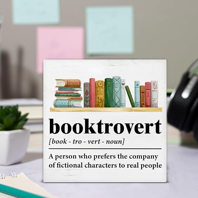 Book Lover Decor Rustic Booktrovert Definition Wooden Sign Decorations Home Book Room Library Desk Table Shelf 5×5 Inches, Gifts for Book Lovers Readers