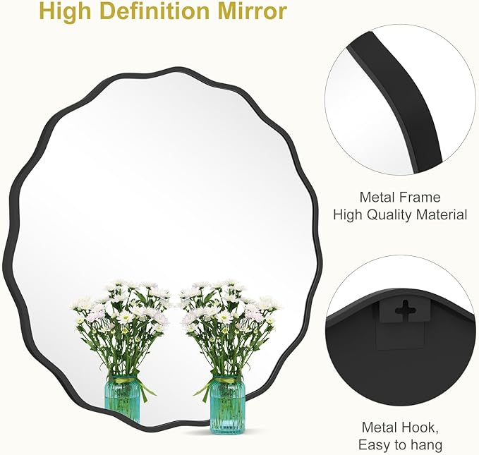 WallBeyond Round Wavy Mirror for Wall Decorative 32 inch, Modern Round Mirror Aluminum Frame for Bathroom Bedroom Living Room Home House Office Entryway, Black