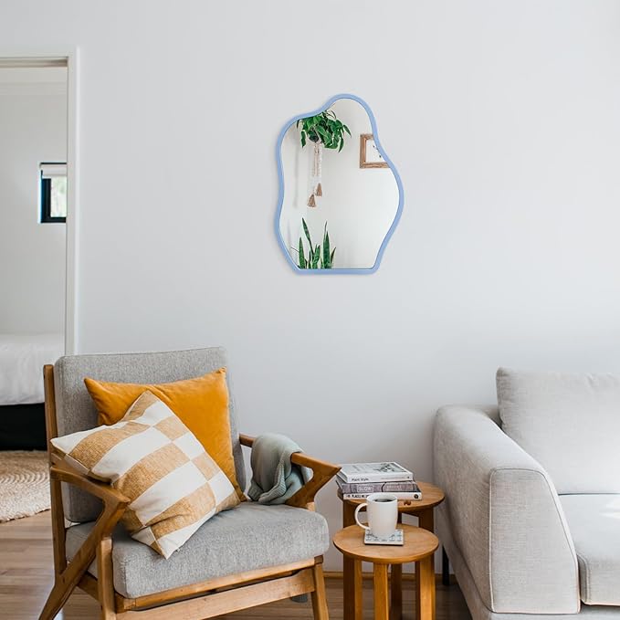 Wall Mirror Blue Asymmetrical Mirror Modern Wood Frame Unique Shape Wall Mounted Vanity Artistic Hanging Mirror Decor for Living Room Bedroom Bathroom Entryway Hallway Small