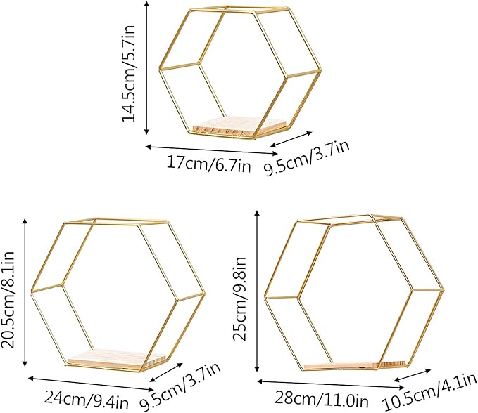 3 Pcs Gold Hexagon Wall Shelves, Floating Decorative Wire Wall Mounted Shelf, Multi-use Geometric Floating Shelves Metal Shelving for Bedroom Living Room Kitchen Office, 6.7in 9.4in 11in
