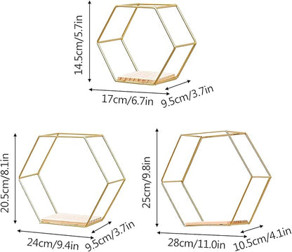 Set of 3 Metal Hanging Storage Shelve, Wall Mounted Floating Hexagon Shelves, Geometric Hexagon Shaped Mounted Floating Metal Framed Shelves Decorative Wire Wall Shelf for Bedroom Bathroom(Gold)