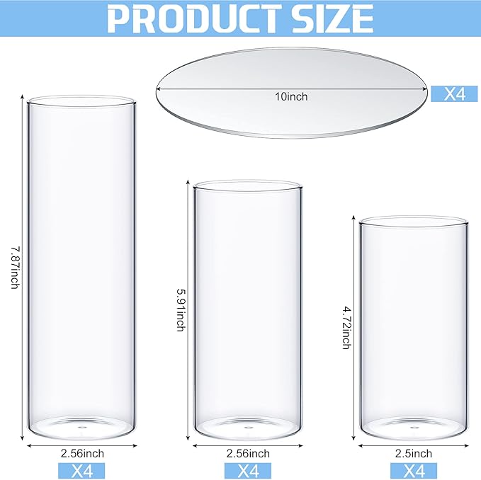 Sawysine 16 Pcs 2.6'' X 4.7'', 5.9'', 7.9'' Round Glass Mirror Trays Glass Cylinder Vase Wedding Table Flower Vase with Mirror Set Table Centerpiece Decoration for Wedding Decor Craft Baby Shower