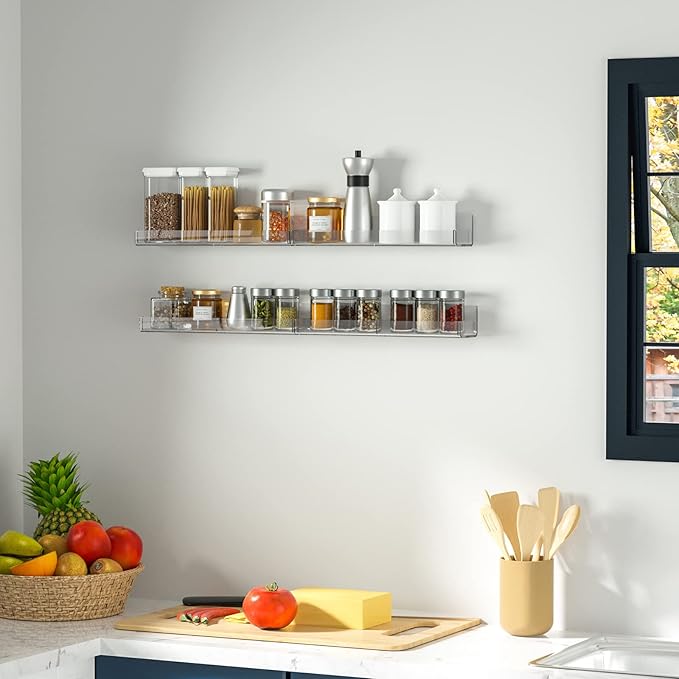 Acrylic Wall Spice Rack Organizer, Seasoning Rack Shelf Organizer, Clear Wall Mounted Spice Rack Condiment Organizer with Additional Removable Middle Divider, 4 Pack…