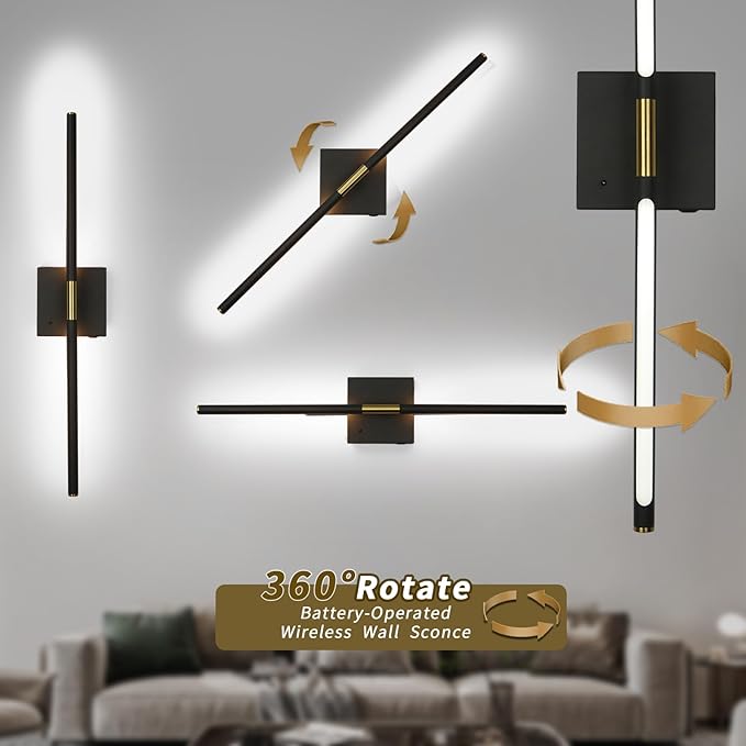 Battery Operated Wall Sconce Set of 2 Rechargeable Wireless Cordless 12000ma 360° Rotation Large Wall Lights lamp Modern Decor Linear Long Metal Black Gold 28