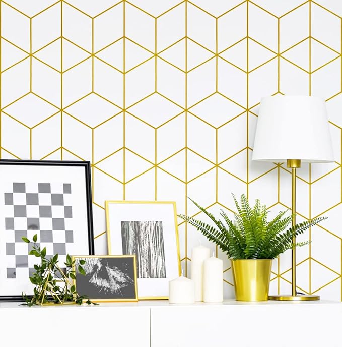 Safiyya 118"x17.3" Peel and Stick Wallpaper Gold and White Contact Paper Geometric Wallpaper Self Adhesive Removable Wallpaper for Walls Covering Vinyl Rolls