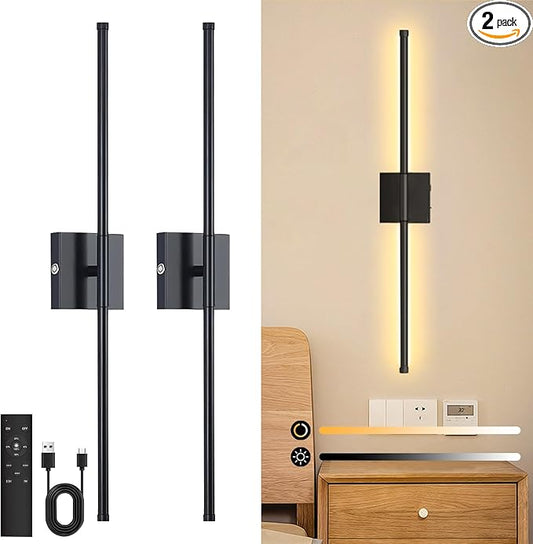Battery Operated Wall Sconce Set of 2, Wall Sconces 3000K-6000K Dimmable Rechargeable Wall Sconce with Remote Control, 350°Rotate LED Wireless Wall Lights for Living Room, Hallway, Bedroom(Black)