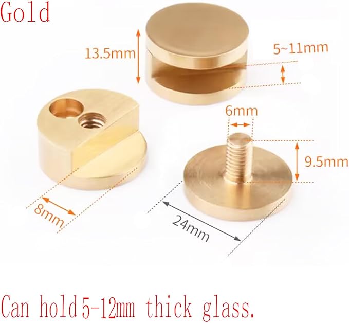Mirror Clips, Thickened Brass Mirror Floating Glass Clip - Round Wall Mounted Mirrors Bracket/Clip -Bathroom Mirrors Supporting Sheet Mirror Fixed Fitting Gold - (4 Pcs)