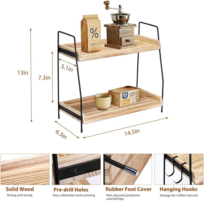 2-Tier Coffee Station Organizer for Countertop, Wooden Coffee Bar Organizer with 2 Cup Hooks, Countertop Storage for Bathroom, Kitchen, Holiday Decorations