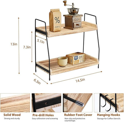 2-Tier Coffee Station Organizer for Countertop, Wooden Coffee Bar Organizer with 2 Cup Hooks, Countertop Storage for Bathroom, Kitchen, Holiday Decorations