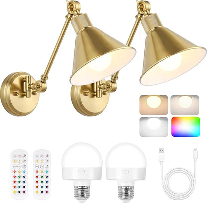 TRLIFE Rechargeable Battery Operated Wall Sconces, Dimmable and Adjustable Color Temperature Wireless Wall Sconces Set of 2 with Remote Control, Gold Swing Arm Wall Light for Bedroom Bedside Hallway