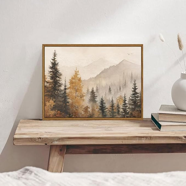 OIQArtOIQ Vintage Framed Wall Art Autumn Mountain Landscape Canvas Art Prints Fall Forest Rustic Farmhouse Pictures Wall Decor Modern Cottagecore Paintings Artwork For Bedroom Bathroom Living Room