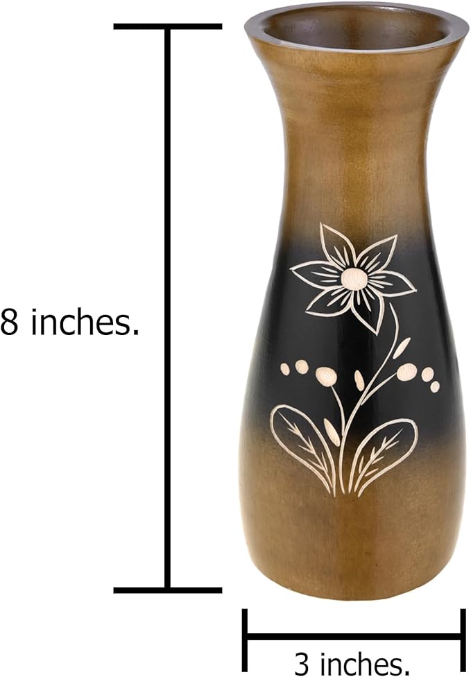 Rainforest Brown Hand Carved Lily Flower 8-inch Mango Tree Wood Vase (1 PC) | Modern Farmhouse Home Décor | Kitchen Bedroom Living Room Home Decoration