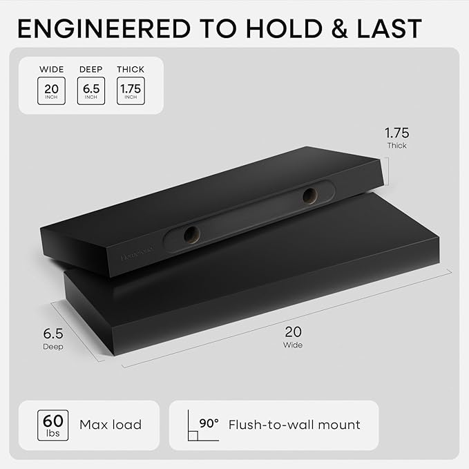 Homeforia Black Floating Shelf 20 inch, High End Solid Real Wood 20inch Bathroom Floating Shelves for Wall Mounted, Black Wooden 20in Floating Shelves, Heavy Duty Bracket, 20 X 6.5 X 1.75 in, Set of 2