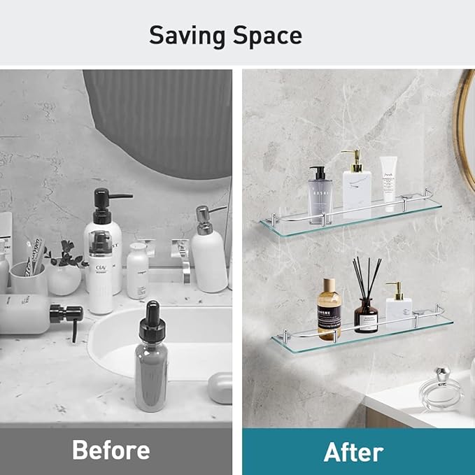 Glass Bathroom Shelves, Rectangular Tempered Glass Floating Shelves for Wall with 304 Stainless Steel Rail and Zinc Alloy Bracket, 2 Pack