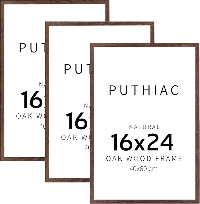 puthiac 16x24 Solid Oak Wood Picture Frame, No Mat, Wall Display Only, Vertical or Horizontal, Plexi Front, 3 Pack, Walnut