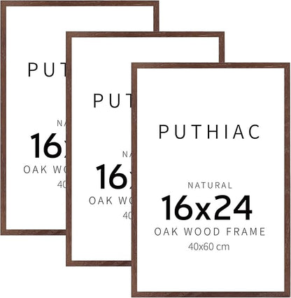 puthiac 16x24 Solid Oak Wood Picture Frame, No Mat, Wall Display Only, Vertical or Horizontal, Plexi Front, 3 Pack, Walnut