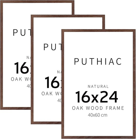 puthiac 16x24 Solid Oak Wood Picture Frame, No Mat, Wall Display Only, Vertical or Horizontal, Plexi Front, 3 Pack, Walnut