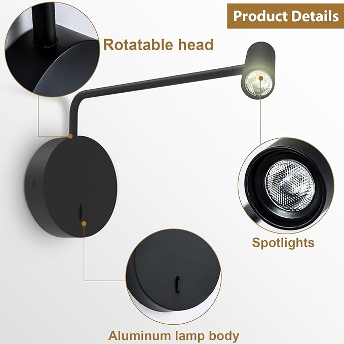 ZEROUNO Wall Mounted Reading Light for Bedroom LED Hardwired Sconce with Switch on/Off Modern 3000K Swing Arm Bedside Wall Mount Lamp (Black)