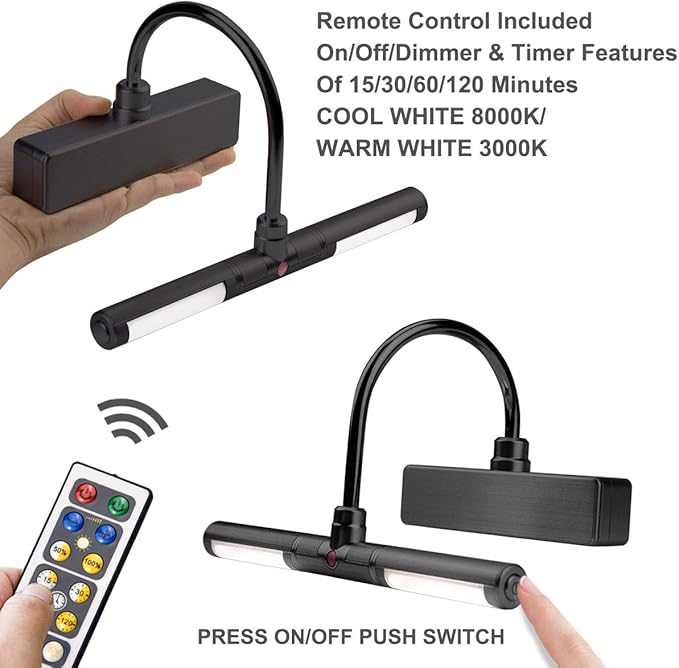 BIGLIGHT Wireless Battery Operated LED Picture Light with Remote, Rotatable Light Heads of 3 Lighting Modes, Dimmable Display Lamp with Timer for Painting Photo Portrait Art, 8.8