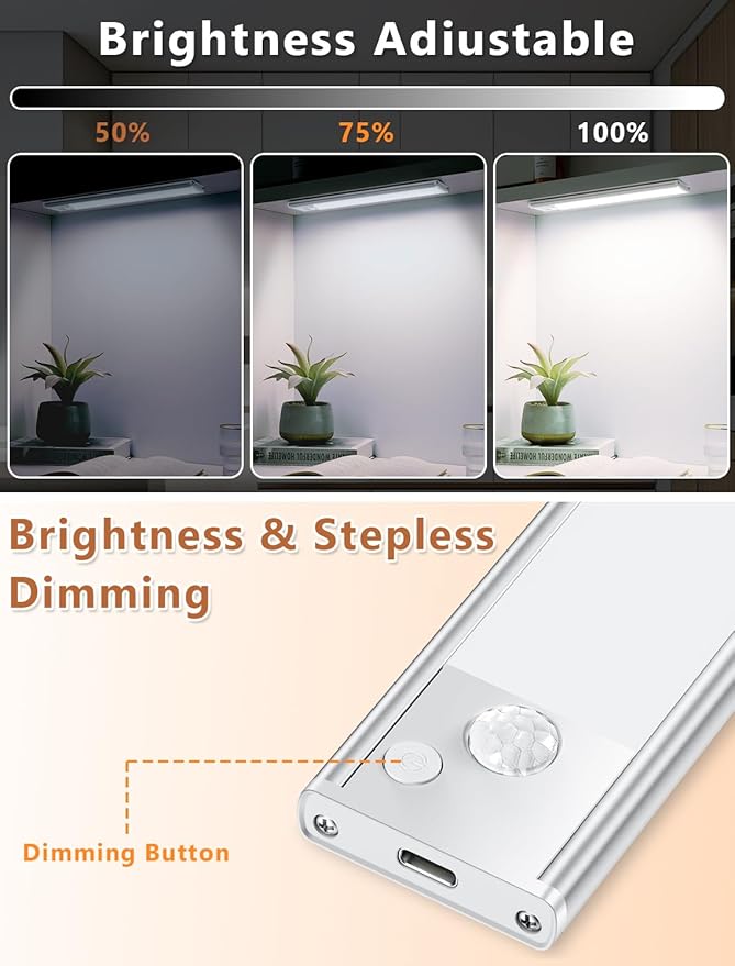 Under Cabinet Motion Sensor Lighting: 8 Inch Dimmable Rechargeable Lights Indoor - Battery Operated Lights - Undercabinet Closet Light Magnetic Led Light for Kitchen Home Bathroom Counter 4 Pack