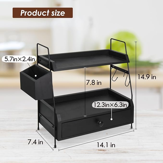 Coffee Bar Accessories and Organizer Countertop, Coffee Station Organizer 2 Tier Counter Shelf with Drawer, Condiment Storage Cup Lid Holder Countertop Shelf for Bathroom,Kitchen