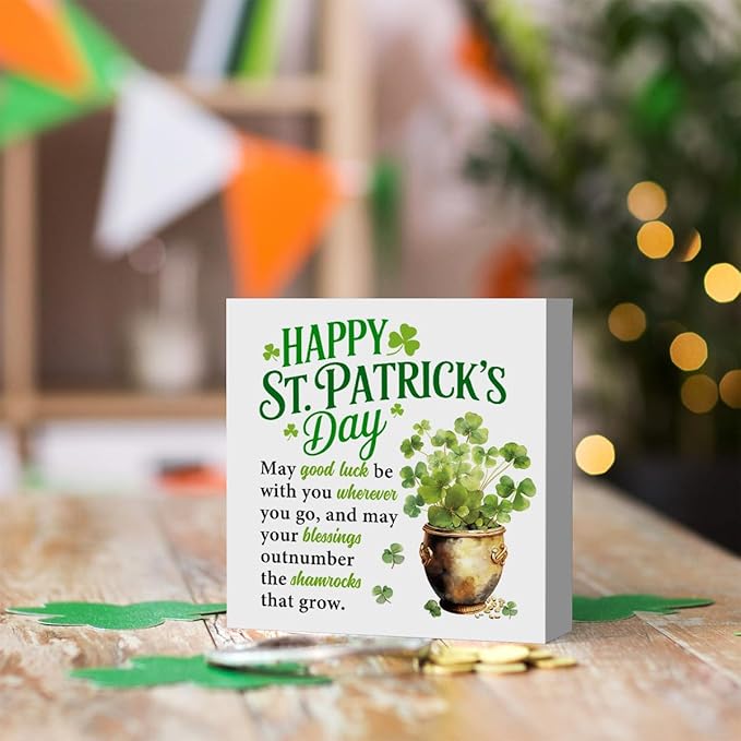 St Patricks Day Decor Irish Blessing Four Leaf Clover Decorations Rustic Wood Sign Home Tabletop Shelf Desk Decor St Patrick's Day Decorations 5 X 5 Inches