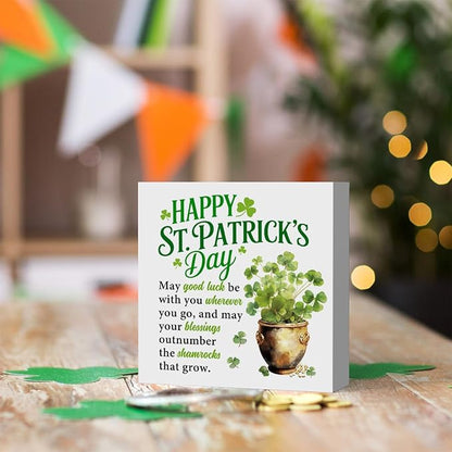 St Patricks Day Decor Irish Blessing Four Leaf Clover Decorations Rustic Wood Sign Home Tabletop Shelf Desk Decor St Patrick's Day Decorations 5 X 5 Inches