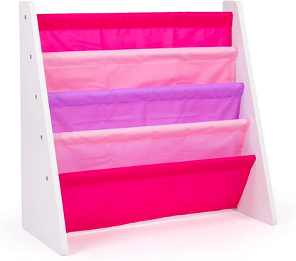 Humble Crew 4-Tier Kids Bookshelf, White Wood/Pink/Purple - Premium Book Shelf for Kids Rooms with Four Deep Pockets - Toddler Sling Book Rack with Deep Sleeves, Nursery Bookcase Organizer