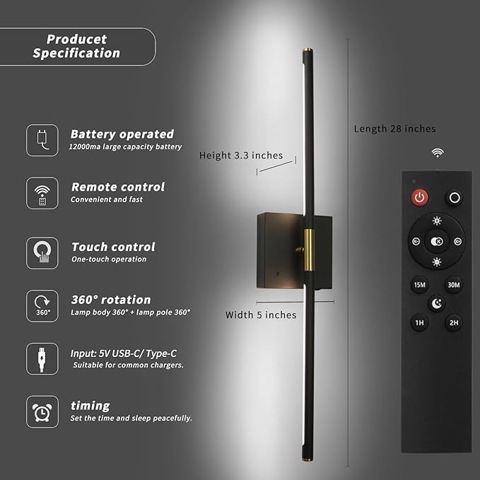 Battery Operated Wall Sconce Set of 2 Rechargeable Wireless Cordless 12000ma 360° Rotation Large Wall Lights lamp Modern Decor Linear Long Metal Black Gold 28