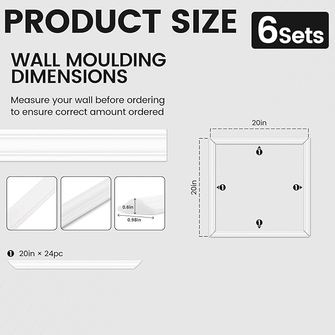 Peel and Stick Wainscoting Panels Kit, 6 Sets 20''x20'' Premade Wall Molding Peel and Stick Panels for Interior Wall Trim, Easy DIY Wainscoting Panels Peel and Stick Decor