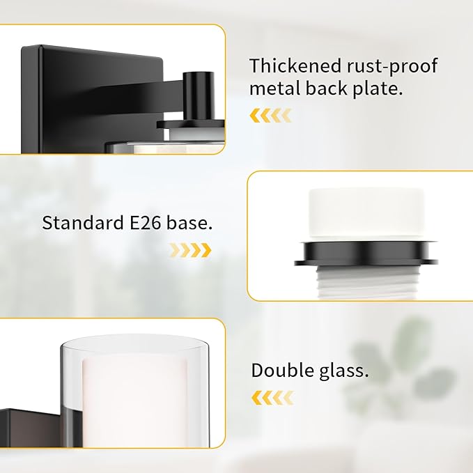 Kalium Wall Sconces Set of Two, Modern Vanity Lights with Double Clear Glass Shade Matte Black Indoor Farmhouse Wall Lights for Bathroom Living Room Bedroom Mirror Hallway Bulb E26 Base (2PCS)