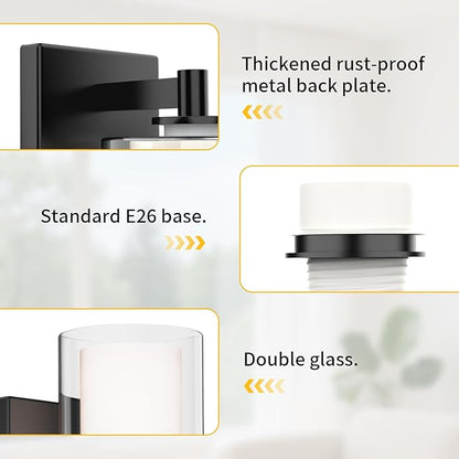 Kalium Wall Sconces Set of Two, Modern Vanity Lights with Double Clear Glass Shade Matte Black Indoor Farmhouse Wall Lights for Bathroom Living Room Bedroom Mirror Hallway Bulb E26 Base (2PCS)