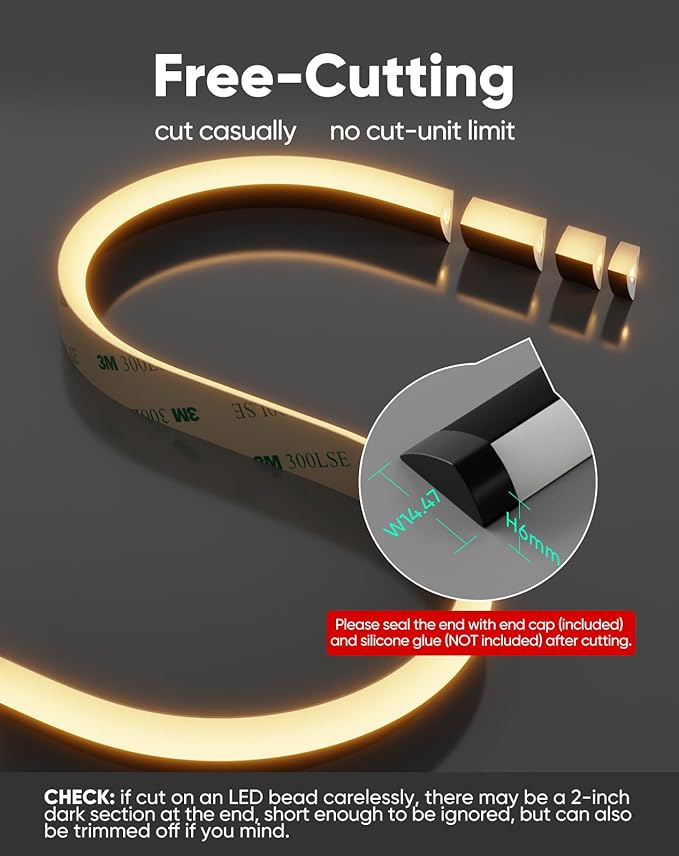 Shine Decor Under Cabinet Lighting Strip, Free Cuttable LED Silicone Neon Rope Hardwired 24V Anti-Glare Bright Cozy 1824 Lumen for Indoor, Adhesive Black Shell 2700K Warm 96” UL Certified, No Adapter