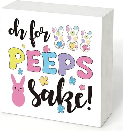 Easter Decorations for Home Funny Bunny Wooden Box Sign, Oh For Peeps Sake Easter Decor, Rustic Easters Desk Decorations, Easters Office Decor for Work Spring Farmhouse Shelf Plaque
