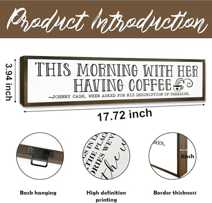 Coffee Wood Sign, Decorative Wooden Box Sign, Coffees Lover Decoration for Home Kitchen Bedroom, Cafe Decor, Valentines Day Decor, This Morning with Her Having Coffee Signs, 17.8x4x1.2 inches
