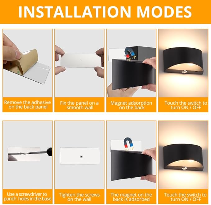 LED Wall Sconce Battery Operated, Modern Aluminum Wall Mount Light Rechargeable, Touch Control Dimmable Wall Lamp Black, Up Down Wall Lights Indoor for Living Room Bedroom Hallway Stair, Warm White