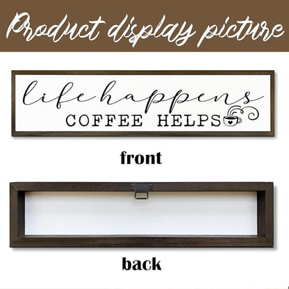 Coffee Wooden Box Sign, Country Farmhouse Decor for Home Kitchen, Coffee Station Wall Decors, Desktop Decor, Coffees Addict Gift, Life Happens Coffee Helps Sign, 17.8x4x1.2 inches