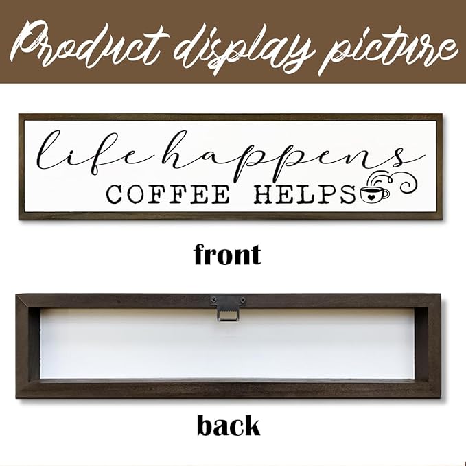Coffee Wooden Box Sign, Country Farmhouse Decor for Home Kitchen, Coffee Station Wall Decors, Desktop Decor, Coffees Addict Gift, Life Happens Coffee Helps Sign, 17.8x4x1.2 inches