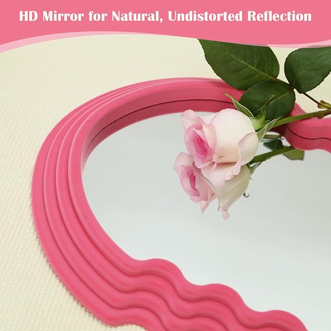 Wavy Wall Mirror for Living Room Decor, Velvet Finish Funky Wall Mounted Mirror for Girly Bedroom Decoration, Cute Hanging Sculpture Home Accent for Dining Room Kitchen (Pink)