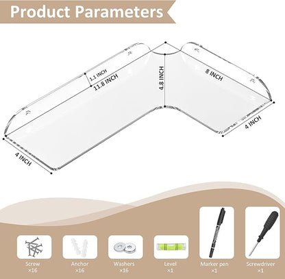 8x11.8 Inch Clear Corner Shelf Wall Mount Set of 4, Acrylic Corner Floating Shelves, Wall Organizer Shelf for Bathroom, Kitchen, Bedroom, Living Room, Dining Room, Office