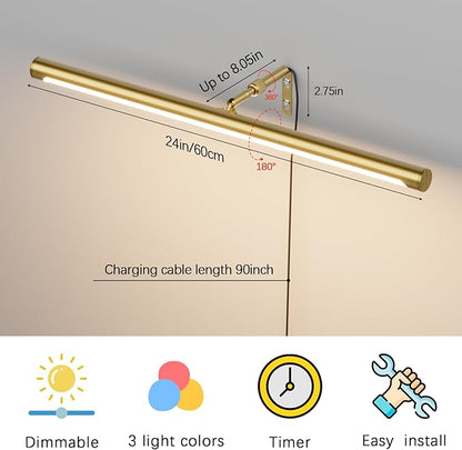 9W Picture Light Plug in, 24" Adjustable LED Art Light with Remote Control, Dimmable Wall Light for Picture Display Dartboard Art Work (Gold)